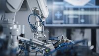 Robotics Industry Four Engineering Facility Robot Arm Moving at Different Directions. High Tech Industrial Technology Using Mode