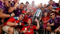 Shane Daly, Craig Casey, Jack O'Donoghue and Mike Haley celebrate with the URC trophy 29/5/2023