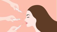 Dermal filler injections. Woman face with doctor hands in gloves with syringe. Beauty lifting anti-aging treatment vector illust