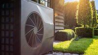 Air heat pump near pool house outdoors.