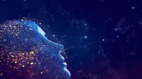Big data and artificial intelligence concept. Machine learning and cyber mind domination concept in form of women face on dark b
