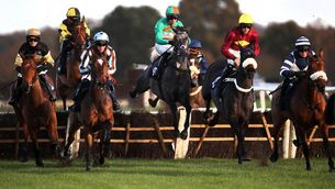 <p>Rascal ridden by jockey Jonathan Burke (third left) wins the Gamble Responsibly at Betmgm 'National Hunt' Maiden Hurdle at Doncaster Racecourse.</p>