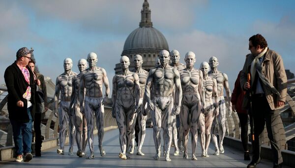 Models who were turned into 'humanoid' robots pose on London's Millennium Bridge to launch the Sky Atlantic television drama 'Westworld' in 2016. Picture: Matt Alexander/PA Wire Models who were turned into 'humanoid' robots pose on London's Millennium Bridge to launch the Sky Atlantic television drama 'Westworld' in 2016. Picture: Matt Alexander/PA Wire