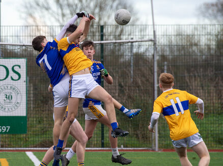 Oisin O'Sullivan, Tralee CBS jumping for the ball with Shane Barry, Hamilton High School, Bandon. Pic: Dan Linehan Oisin O'Sullivan, Tralee CBS jumping for the ball with Shane Barry, Hamilton High School, Bandon. Pic: Dan Linehan