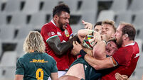 Jasper Wiese is tackled by Courtney Lawes, Chris Harris and Alun Wyn Jones 31/7/2021