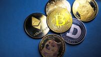 Close up shot of Bitcoin and alt coins cryptocurrency