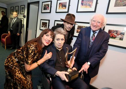 A poet of modern music and one of the great international songwriters Shane MacGowan pictured backstage at the National Concert Hall on the occasion of his 60th birthday with President Michael D Higgins, Johnny Depp and Victoria Mary Clarke. Picture: Mark Stedman A poet of modern music and one of the great international songwriters Shane MacGowan pictured backstage at the National Concert Hall on the occasion of his 60th birthday with President Michael D Higgins, Johnny Depp and Victoria Mary Clarke. Picture: Mark Stedman