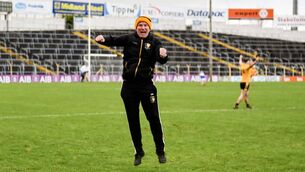 <p>UP FOR IT: Clonlara manager Donal Madden celebrates their Munster Club SHC semi final win over Kiladangan at Semple Stadiumy. </p>