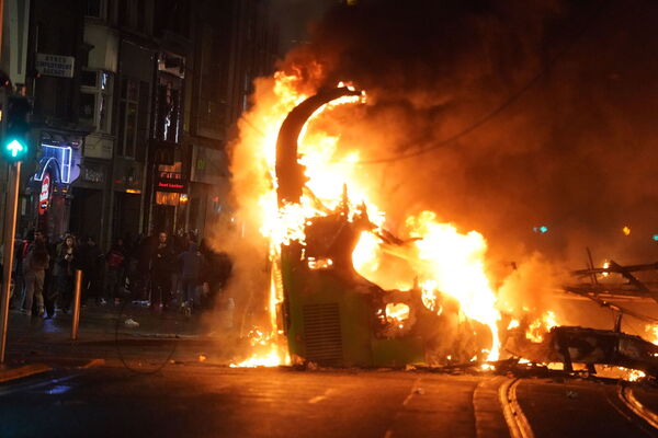 A bus on fire on O'Connell Street in Dublin city centre. A bus on fire on O'Connell Street in Dublin city centre.
