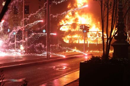 A double-decker bus was set alight in Dublin city centre after hundreds of people began to riot on O’Connell Street and surrounding areas last week. Picture: RollingNews.ie A double-decker bus was set alight in Dublin city centre after hundreds of people began to riot on O’Connell Street and surrounding areas last week. Picture: RollingNews.ie