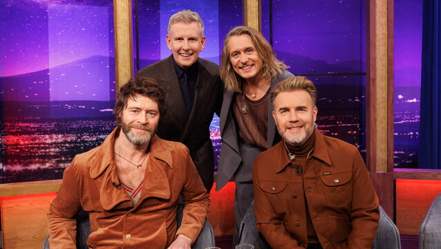 Take That are pictured on The Late Late Show with host Patrick Kielty. Picture: Andres Poveda <p>Take That are pictured on The Late Late Show with host Patrick Kielty. Picture: Andres Poveda</p>