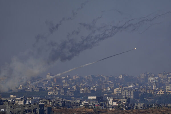 Rockets are fired toward Israel from the Gaza Strip, as seen from southern Israel on Friday.(Picture: AP Photo/Ariel Schalit) Rockets are fired toward Israel from the Gaza Strip, as seen from southern Israel on Friday.(Picture: AP Photo/Ariel Schalit)